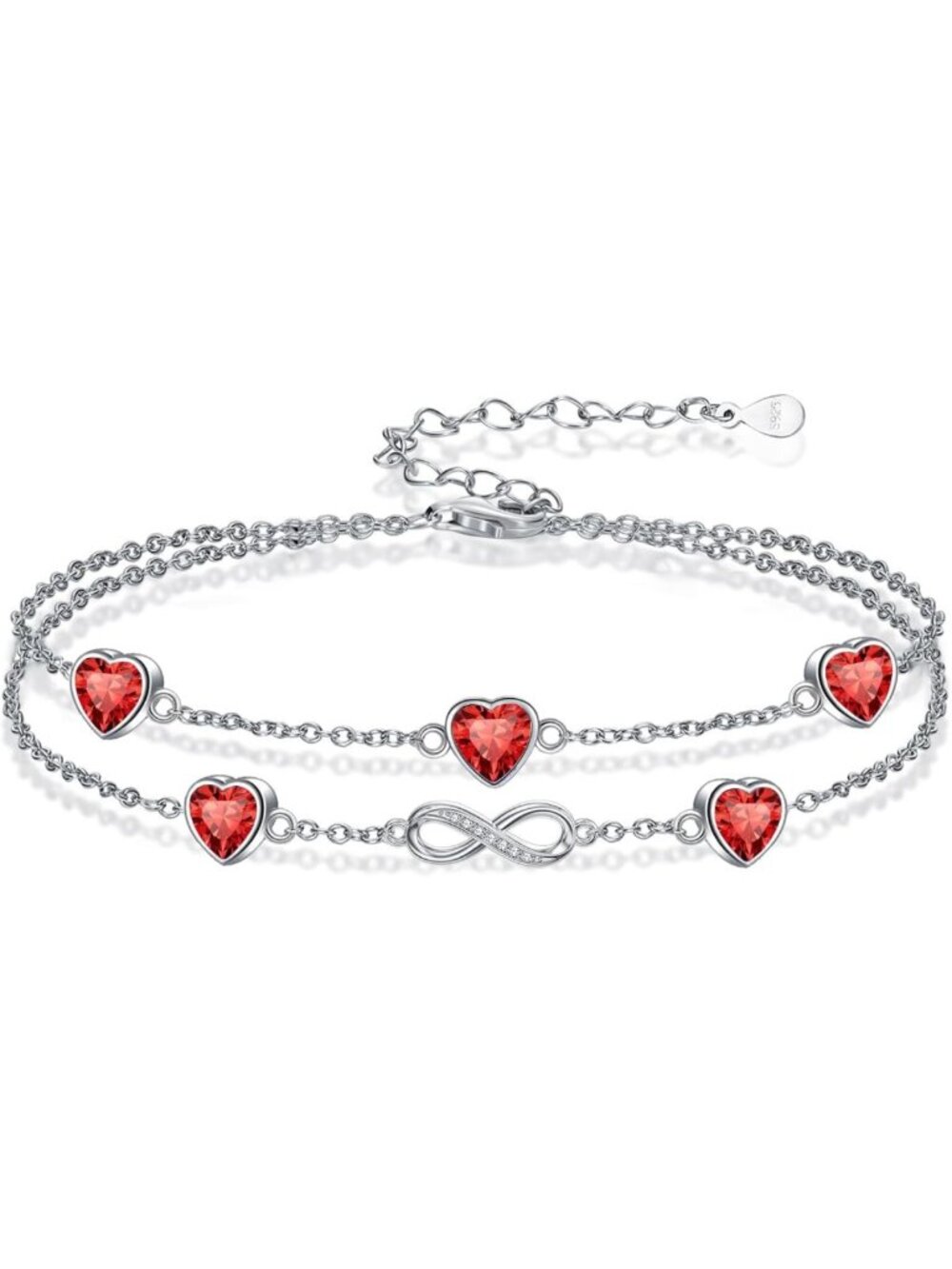 925 Sterling Silver Infinity Heart Birthstone Multi-Layered Anklet Jewelry Gift